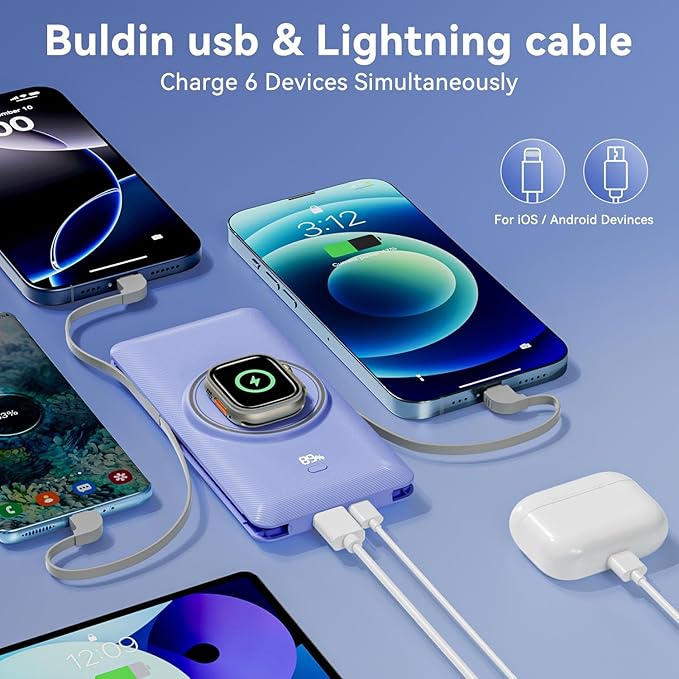 Magnetic 10000mAh Portable Charger for iWatch & iPhone, 22.5W USB C Fast Charging Wireless Power Bank Built-in Cables and Wall Plug, External Travel Battery Pack Compatible with iOS Android Devices