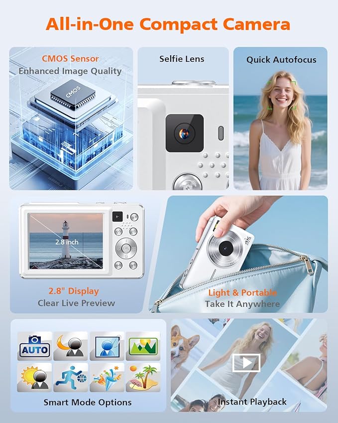 4K Digital Camera, 64MP Autofocus Vlogging Camera with Front Rear Lens, Flash, 16X Zoom, Anti-Shake, 32GB Card, Compact Point Shoot Camera for Teens Adult Beginner Travel Photography(White)