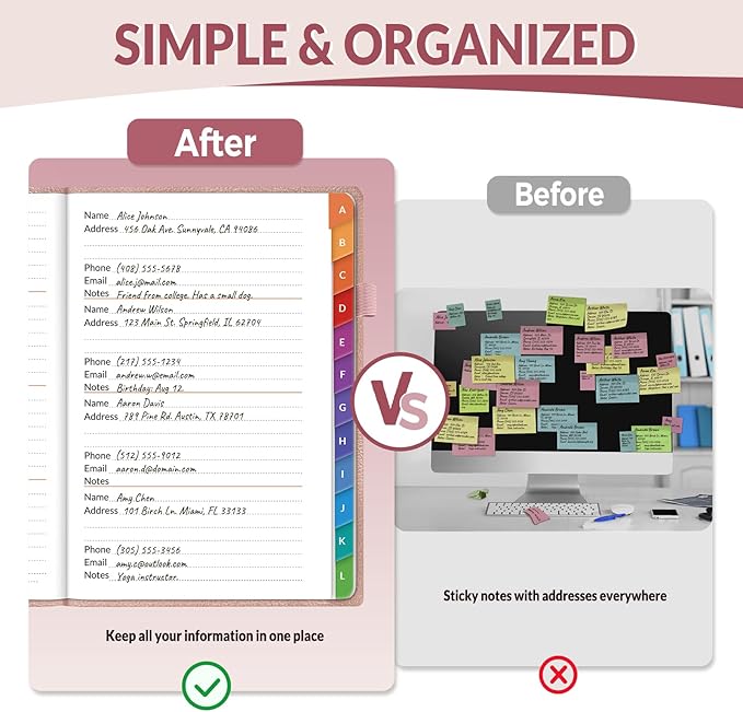 SUNEE Address Book with Colorful Alphabetical Tabs, Address Notebook Organizer for Record Contacts, 5.3'' x 7.7''- Rose Gold