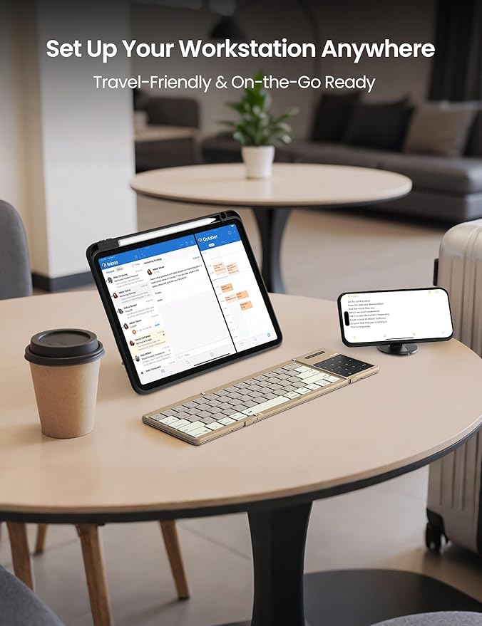 Nillkin Foldable Travel Keyboard with Touchpad & Number Pad, Bluetooth Wireless Portable Folding Full Size Keyboard with Trackpad for PC Laptop iPad Tablets Smartphone, Silicone Leather Cover, Khaki