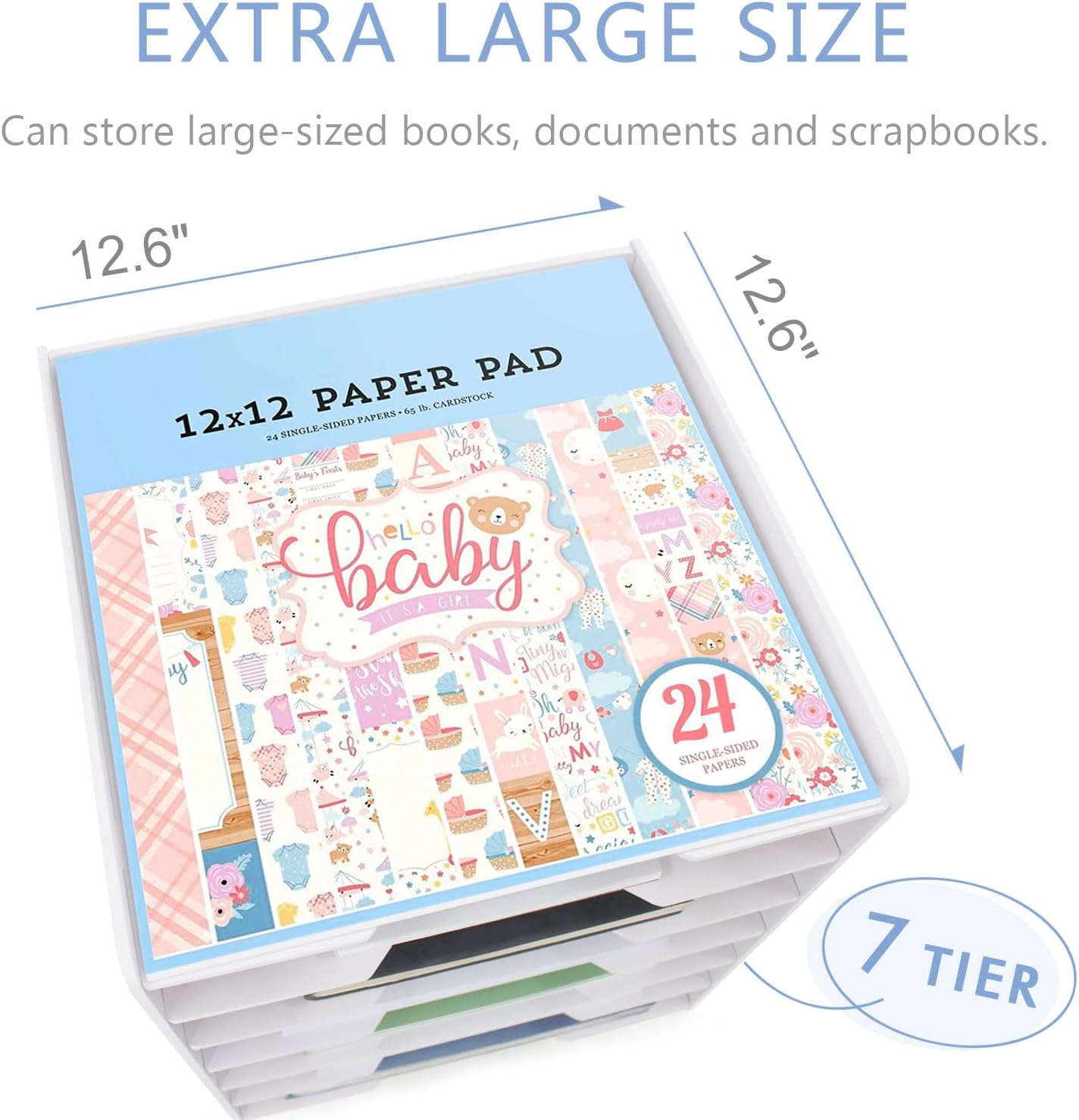 SONGWAY Scrapbook Paper Organizer 12x12-7 Tier File Organizer for Desk, 12x12 Stackable Scrapbook Paper Storage Trays, Desktop File Storage Cube for Home Office School