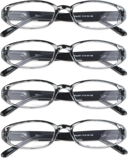 VisionGlobal 4 Pairs Reading Glasses with Spring Hinge, Blue Light Blocking Glasses for Women/Men (Black,+4.50 Magnification)