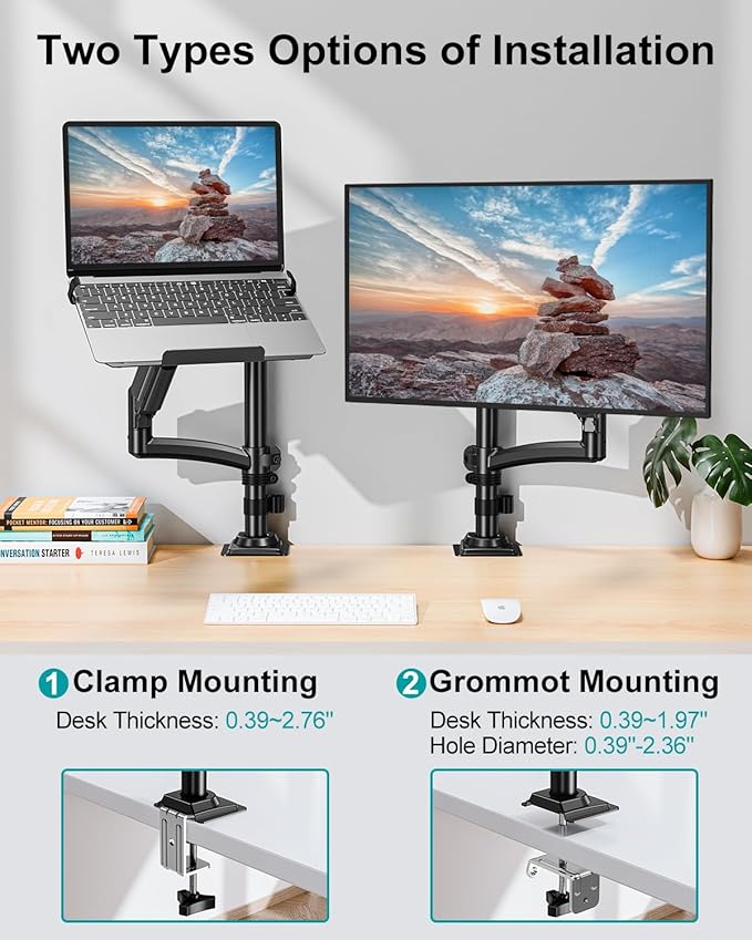 MOUNT PRO Laptop Arm Desk Mount, Single Monitor Stand with VESA Laptop Tray, Adjustable Lap Top Holder for Max 22lbs 17" Notebook & 32" Computer Screen, Swivel Notebook Bracket, Clamp on/Grommet Base