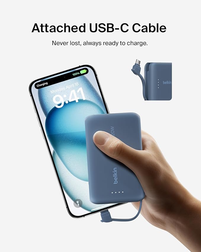 Belkin Portable Charger, Portable Power Bank with Integrated Cable 10000 mAh 20W - Fast Charge USB C Power Delivery, iPhone Charger - iPhone 17, Air, Pro, Pro Max, iPad, Galaxy S25, & More - Blue