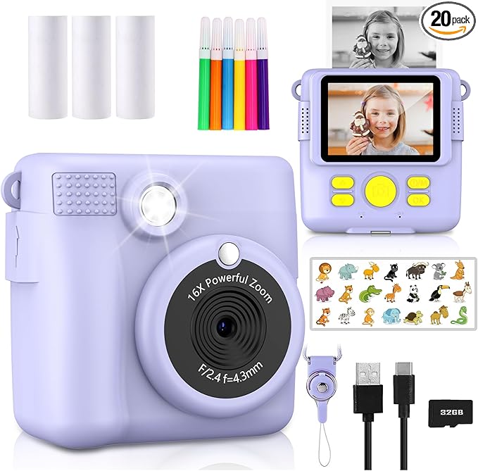 Instant Print Camera for Kids,Christmas Birthday Gifts for Age 3-12 Girls Boys，1080P HD Digital Video Cameras for Toddler,Kids Portable Toy with 3 Rolls Photo Paper，32GB Card-Purple