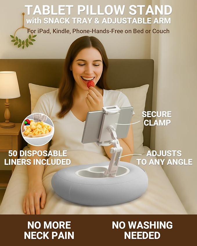Kindle Pillow Stand for Bed, Adjustable Tablet & Phone Holder for iPad, Kindle, Couch – Snack & Drink Holders, 50 Disposable Liners & Washable Pillow Cover (Grey)