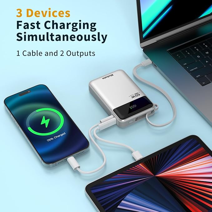 Hichain Laptop Power Bank 65W 20000mAh Portable Charger with Built-in USB-C Cable, 3-Port Fast Charging Battery Pack for MacBook iPhone 17 16/15 Series Android Switch Travel Essential Silver