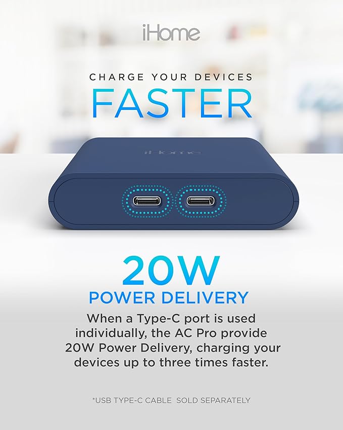 iHome Multiport 40W USB-C Charger, AC Pro 2-Port Flat Block, Dual Fast Charging Wall Adapter