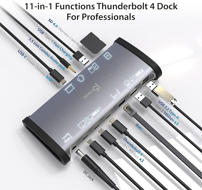 j5create 8K Thunderbolt 4 Docking Station with Max 96W Charging, Single 8K60 or Dual 4K60 Display, Thunderbolt 4 40Gbps, USB 10Gbps, Gigabit Ethernet, SD 4.0, Audio Combo (JTD562)