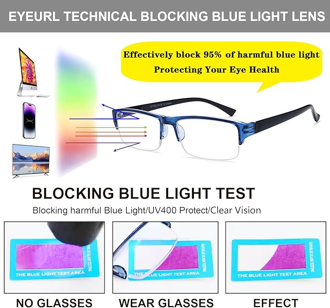EYEURL 4-Pack Half Frame Blue Light Reading Glasses for Men Rectangle Semi Rimless Readers for Women Spring Hinge Eyeglasses