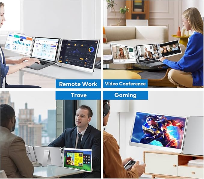 Laptop Screen Extender, 14-inch FHD 1200P IPS Triple Screen Laptop Monitor Extender Fits 12–16.5 inch, Portable Monitor Compatible with Windows and MacBook, Gray