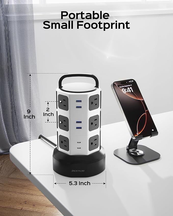 Power Strip Tower Surge Protector, JACKYLED 1625W 13A Outlet Surge Electric Tower, 12 Outlets 6 USB Ports Charging Station with 16AWG 15ft Heavy Duty Extension Cord for Home Office Dorm