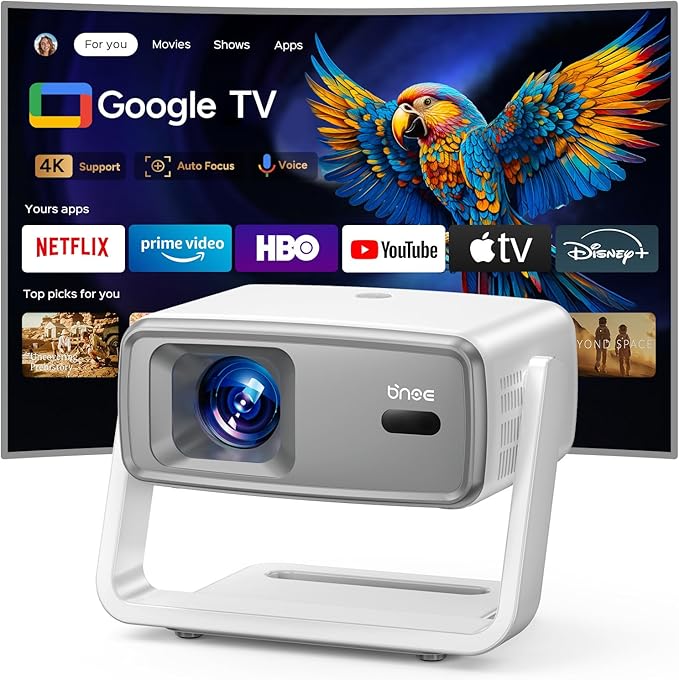 Projector with WiFi and Bluetooth,Outdoor Movie Projector 4K Support,Auto Focus & Voice Control,Built-in 10,000+ Apps Native 1080P Portable Smart Home Proyector