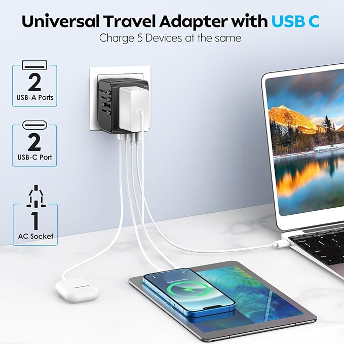 JMFONE Universal Travel Plug Adapter 5 in 1 Charger, European Travel Plug Adapter 2xUSB-A and 2xUSB C Wall Charger with Worldwide AC Outlet,International Power Adapter for Europe USA UK AUS Asia