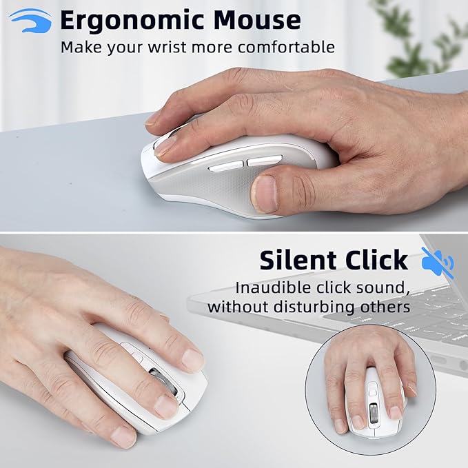 Wireless Mouse with Bluetooth, USB-A, USB-C Receiver, Rechargeable, Full Size Mouse, Silent, Portable, Ergonomic, for MacBook/Laptop/Computer/PC/iPad (White)