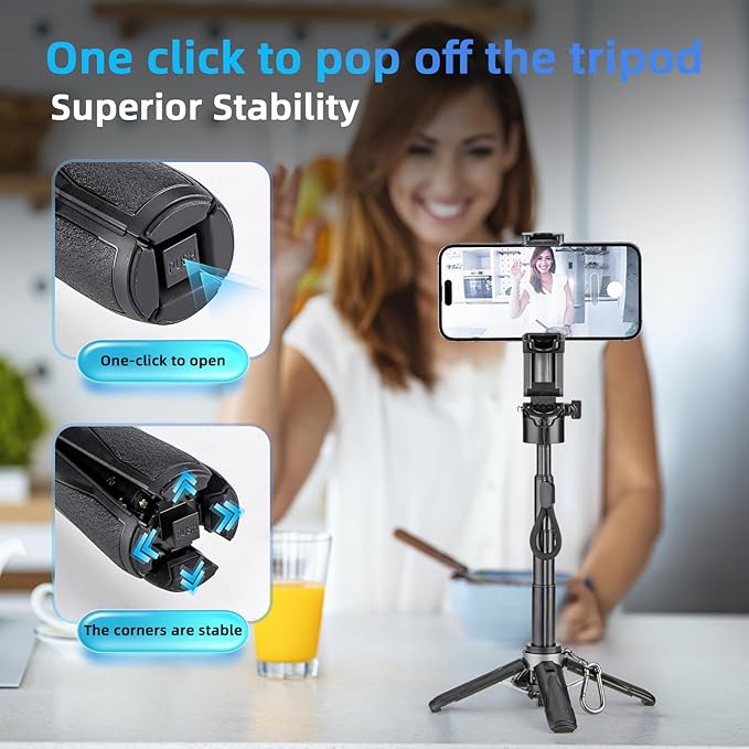 MQOUNY for Magsafe Tripod Stand for iPhone,Portable Pocket Size Selfie Stick with Rechargeable Remote and Metal Ring,Extendable Detachable Cell Phone Tripod Compatible with iPhone/Android