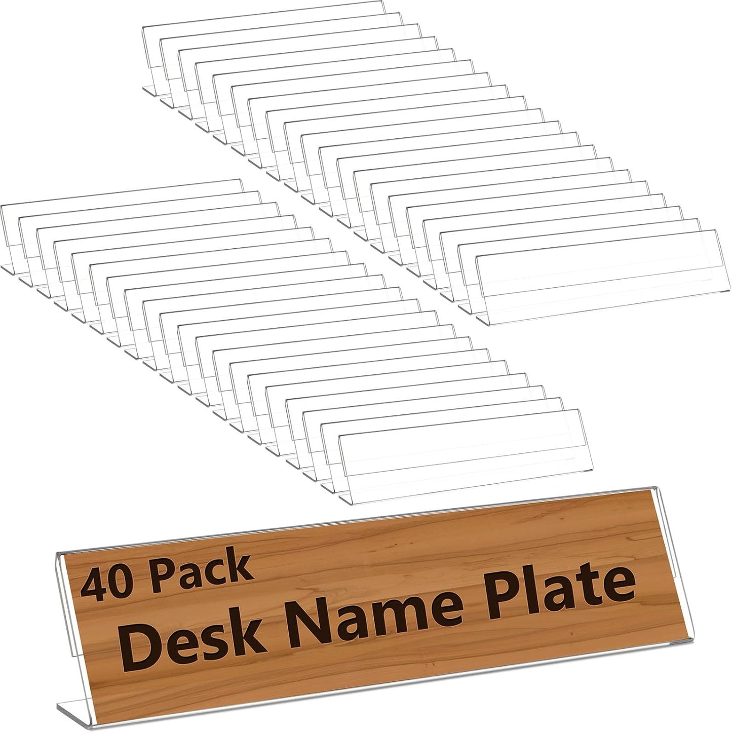 Yalikop 40 Pcs Acrylic Name Plates for Desk 2 x 8 Inches Clear Slant Back Sign Holder Stand License Label Holder for Back to School Classroom Office Conference Business Meeting Table Display