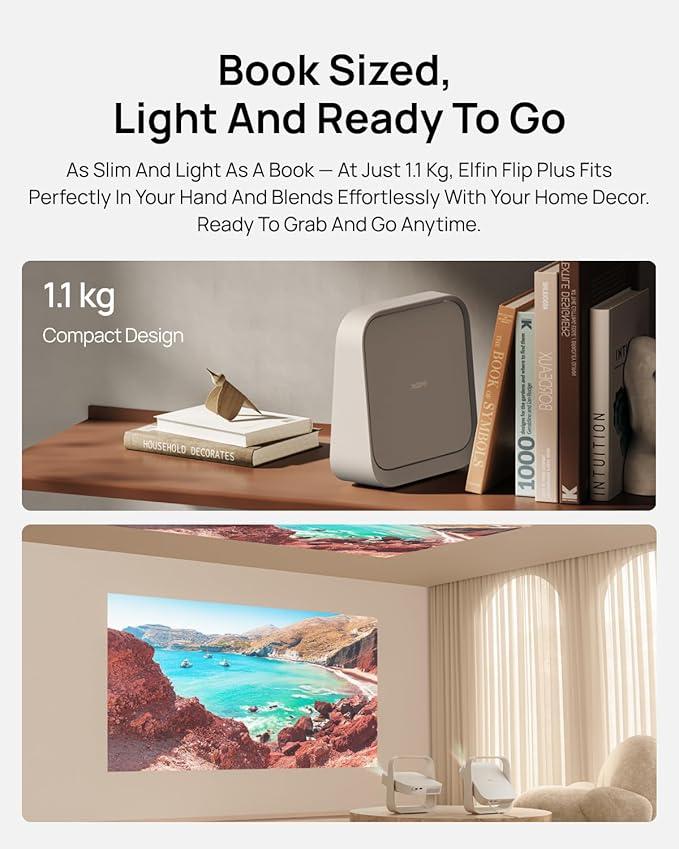 XGIMI Elfin Flip Plus Portable Projector, Google TV with Licensed Netflix, 500 ISO Lumens, 1080P Resolution Home Projector, Build-in Adjustable Stand, Lightweight and Compact Design, Screen Adaption