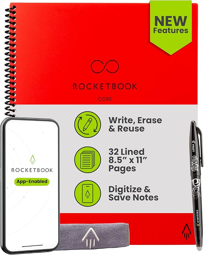 Rocketbook New Core Reusable Spiral Notebook, Letter Size 8.5x11, Red - Lined Pages, App-Connected, Erasable, Durable Cover, Ideal for School, Work, and Creative Projects