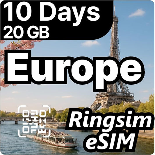 [eSIM] Europe eSIM | 10DAYS 20GB | UK, France, Italy, Spain, Germany | 5G, 4G/LTE, Tethering, Hotspot | eSIM with Instant Activation in 10 Minutes | Travel eSIM by Ringsim