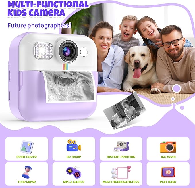Instant Print Camera for Kids,Children Digital Camera Video Toddler Print Camera Christmas Birthday Gifts Portable Kids Toys for 3 4 5 6 7 8 9 10 Year Old Girls