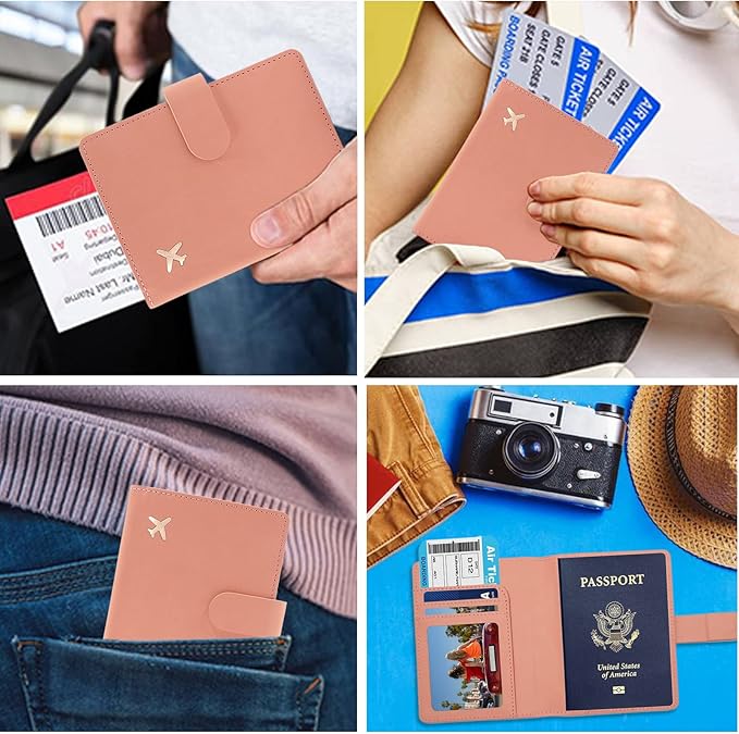 Deziliao Faux Leather Passport and Vaccine Card Holder, Pink, Waterproof, Rfid Blocking, Slim, Unisex