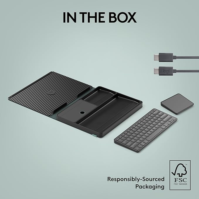 Logitech Casa Pop Up Desk Kit - Adjustable Laptop Stand for Desks, Wireless Keyboard & Touchpad, Bluetooth, USB C Charging, Classic Chic, Green/Black