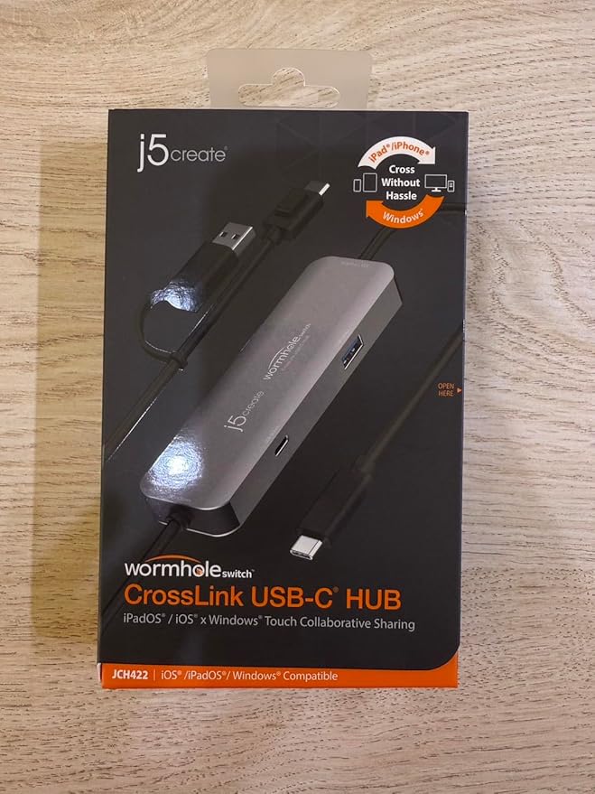 j5create iPad/iPhone to Windows Collaboration Sharing Hub, Use iPad as a Second Display for Windows Laptop, Transfer Files Between iPhone and Win PC, Wormhole Switch CrossLink (JCH422)