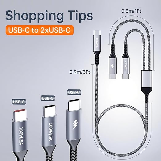 4ft 2-in-1 USB C Data Cable, Max 100W, Charge 2 Devices Simultaneously, Suitable for Fast Charging of i-Phone 17/16/16 Pro Max/15 Series, M-acBook Air/Pro, etc. (Braided, Black)