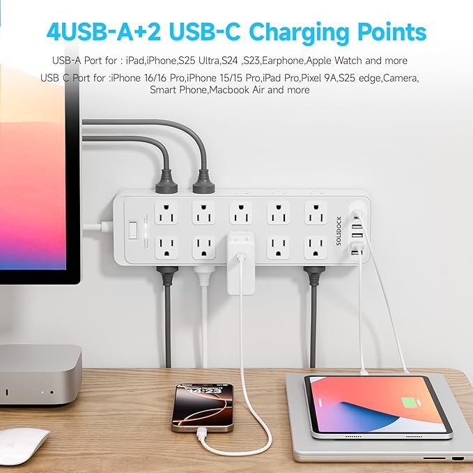 Flat Plug Power Strip Surge Protector with 20 AC Outlets 6 USB Chagring Ports, 1875W/15A, 2700J, Heavy Duty Extension Cord 6 Ft for Home, Office, Dorm, Gaming,ETL Listed (White, 6FT)