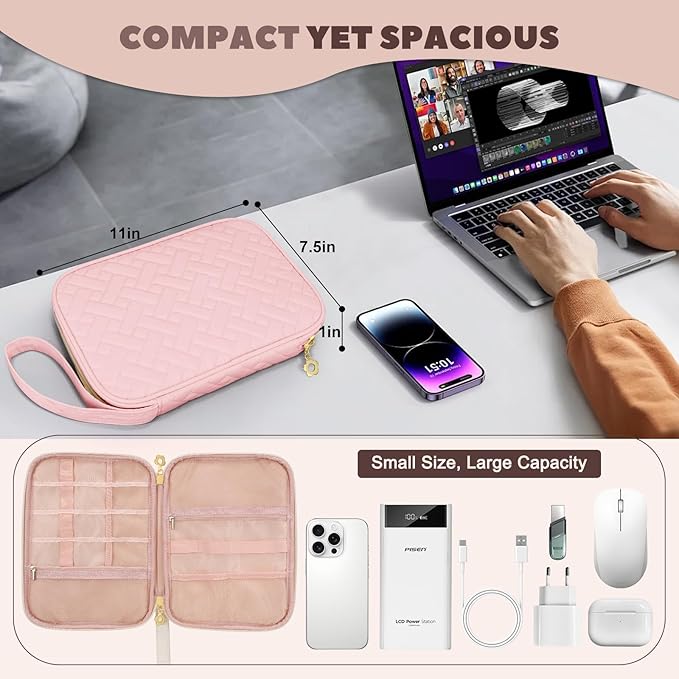 Electronics Organizer Travel Case, Charger Bag Cord Organizer Travel, Compact Tech Pouch Cable Organizer Bag for Charger, Cords, Phone, Headphones, Flash Drive, SD Card (Pink, Large-Single Layer)