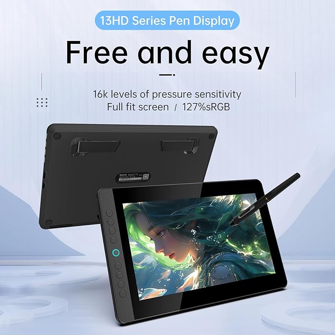 BISOFICE BT-13HDK Portable Graphics Drawing Tablet 13.3 Inch H-IPS LED Display Anti-Glare Digital Drawing Pad 16K Pressure Level Battery-Free Stylus Passive Technology 8 Customizable Shortcuts Keys