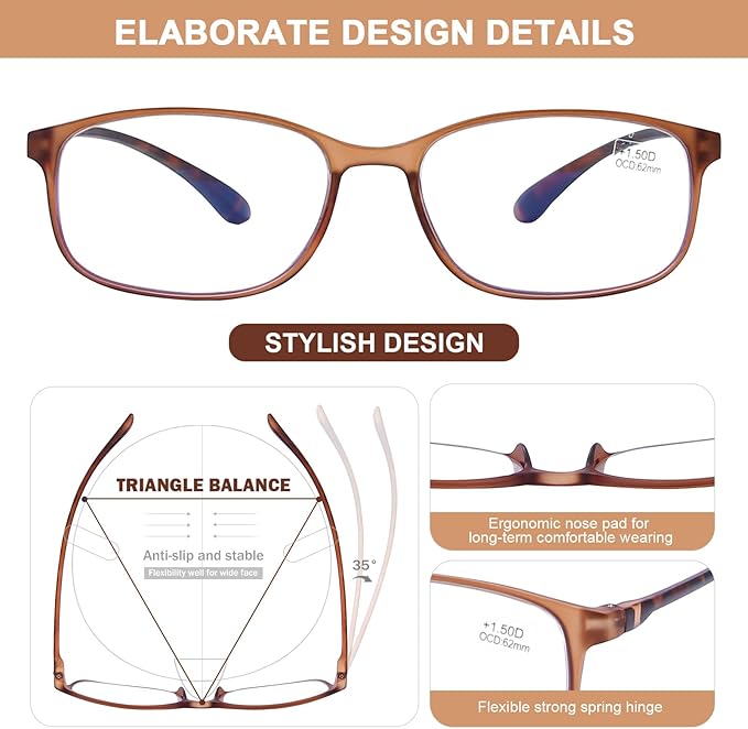AQWANO Computer Reading Glasses 1.5 Blue Light Block - Comfortable Lightweight TR90 Flexible Frame UV Protection Anti Glare Eye Strain Readers Eyeglasses, No Rubber Arms