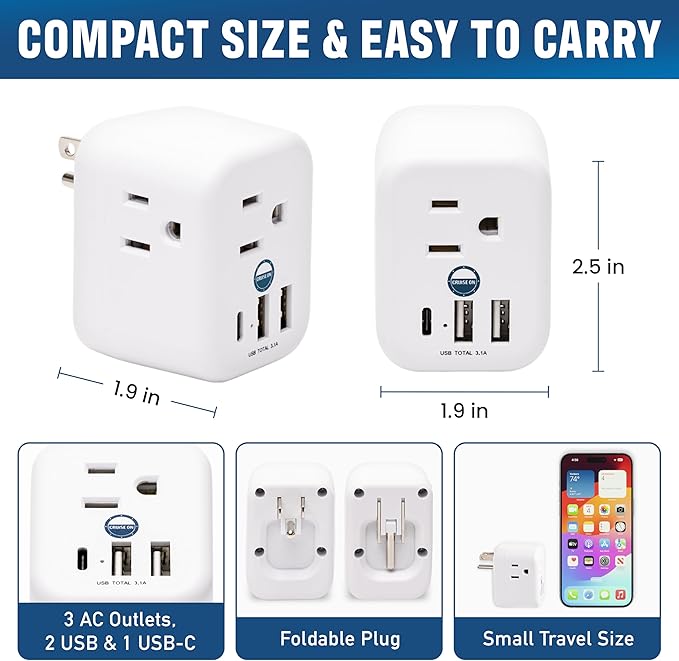 Cruise Approved Power Strip Foldable, Non Surge Protector Travel Power Strip, Multi Plug, 6 Outlets, 2 USB-A, 1 USB-C, & 3 AC Outlet for Carnival, Celebrity, Princess, & Major Lines in 2025 & 2026