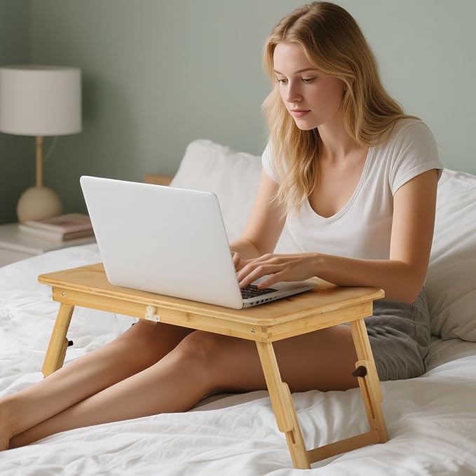 Bamboo Laptop Desk, Folding Adjustable Lap Tray Table with Drawer, Portable Lap Desk for Working, Reading, Breakfast on Sofa, Couch, or Floor