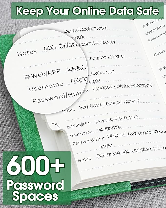 WEMATE Password Book with Lock, Password Book with Alphabetical Tabs 600+ Password Space, Organizer Logbook, Password Keeper for Computer & Website Logins 4.33X6.18 Inch Grass Green