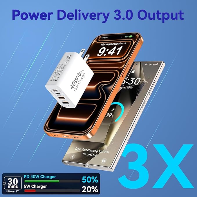 iPhone 17 16 USB C Fast Charger Block,USB C Charging Block 2-Pack 40W Type C 4in1 Multiport Fast Plug Wall Charger for iPhone 17 Pro Max/17 Air/17 Pro/16 Plus/16e/15 Pro Max/14/13/12/Xs Max/XR/X,iPad