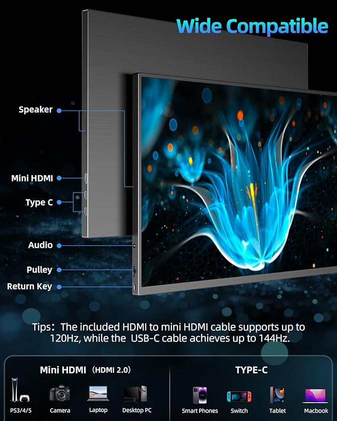 UPERFECT 18" QLED Portable Monitor, 2K 2560×1600, 144Hz Gaming Display, 500 Nits Brightness, FreeSync HDR, 100% DCI-P3, Ultra-Slim USB-C/HDMI Monitor for Laptop MacBook Phone Game Console, VESA Mount