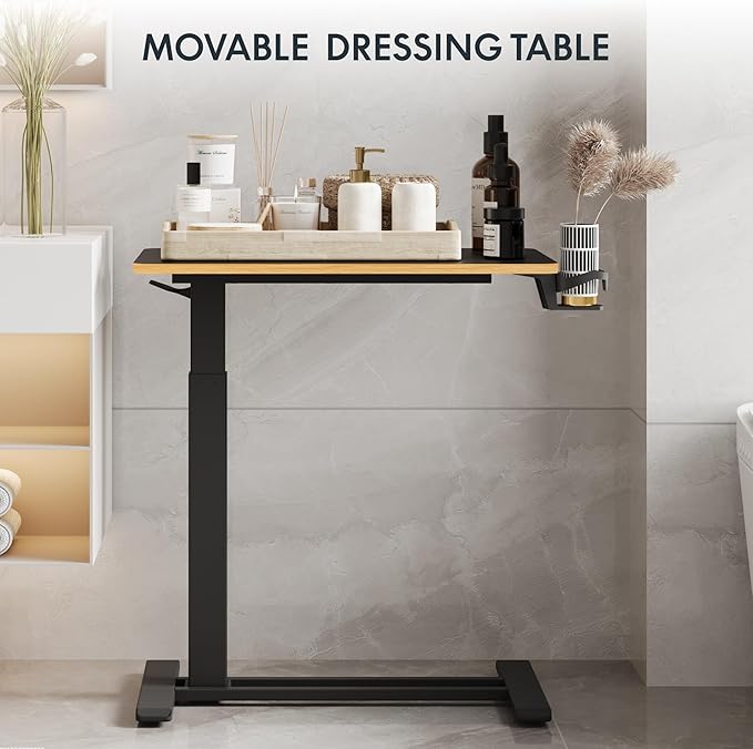 FLEXISPOT H7 Adjustable Overbed Bedside Table with Wheels Pneumatic Mobile Standing Desk Laptop Desk Rolling Computer Cart Movable Overbed Tables Hospital Home Use(27.6" W x 15.7" D, Black Maple)