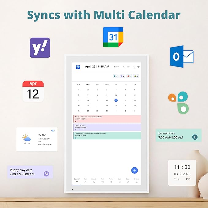Digital Calendar 21.5 Inch Touch Screen, Electronic Wall Calendar Chore Chart for Family Monthly/Weekly Planner, Interactive Display Smart Calendar for Home Organization, Desk Mount Included - White