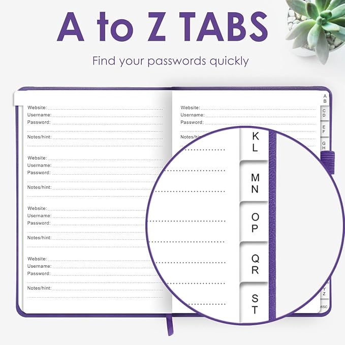 Elegant Password Book with Alphabetical Tabs - Hardcover Password Book for Internet Website Address Login - 7" x 10" Password Keeper and Organizer w/Notes Section & Back Pocket (Violet Purple)