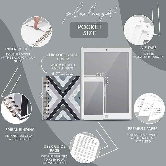 PLANBERRY Password Book Premium – Small Internet Address Organizer with A-Z Tabs – Pocket Website Password Keeper with Alphabetical Tabs – 4.7x5.7″, Hardcover (Emerald)