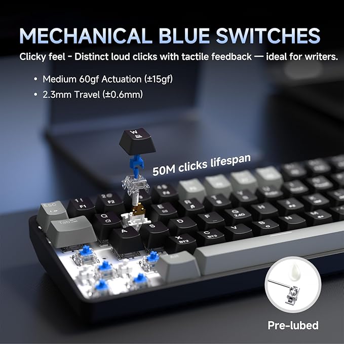 DIERYA DK68 60% Wireless Mechanical Gaming Keyboard, 3 Modes Bluetooth/2.4G/USB-C with Clicky Blue Switch, RGB Backlit, Anti-Ghosting, 68-Key Compact mini Keyboard for Windows/macOS/Linux- Grey/Black