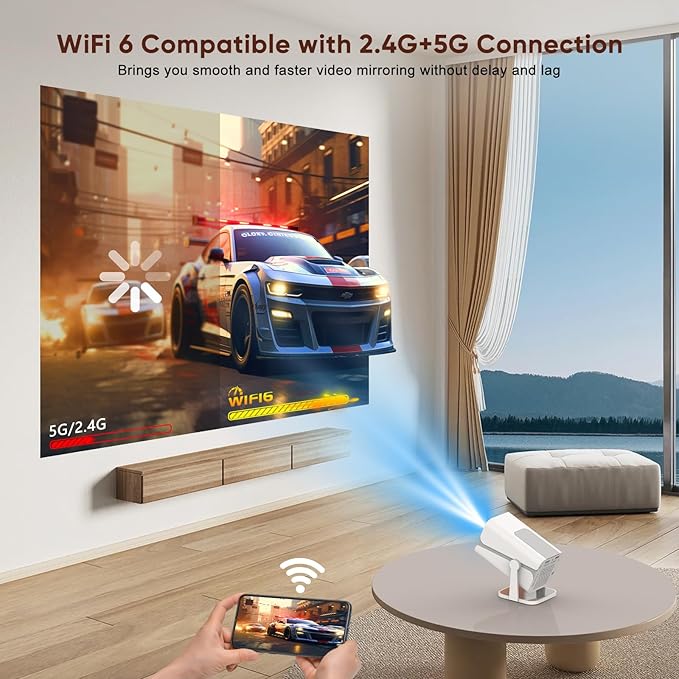 [Built-in Apps & Electric Focus] Smart Mini Projector with WiFi and Bluetooth, 270°Rotatable Portable Movie Projector 1080P Support, Auto Keystone Proyector for Smartphone/TV Stick/Laptop/HDMI