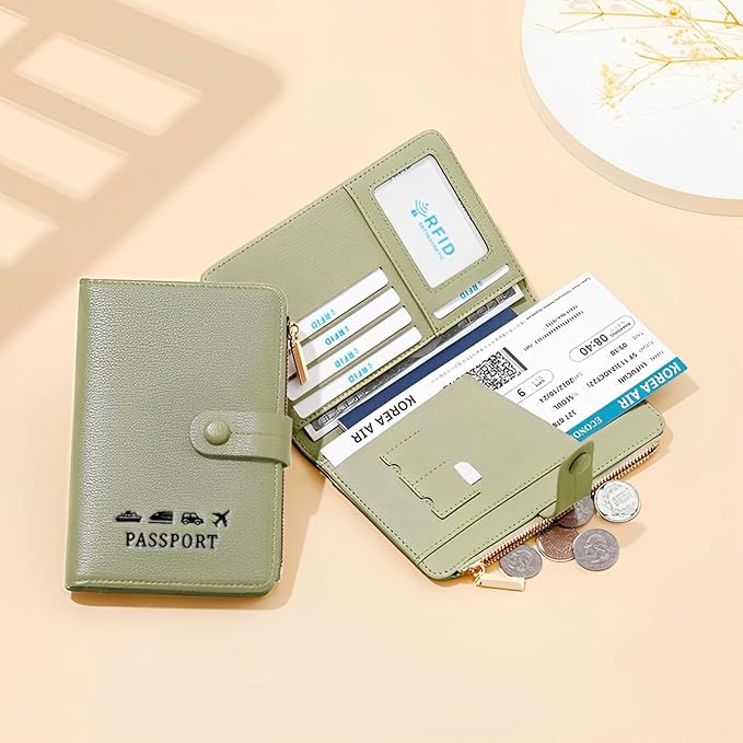 DOB SECHS Passport Holder Wallet for Women, Leather RFID Blocking Passport Cover Credit Cards Case Women Travel Accessories Organizer Pouch Bag with ID Window+Zippered Cash Pocket+SIM Slots, Green