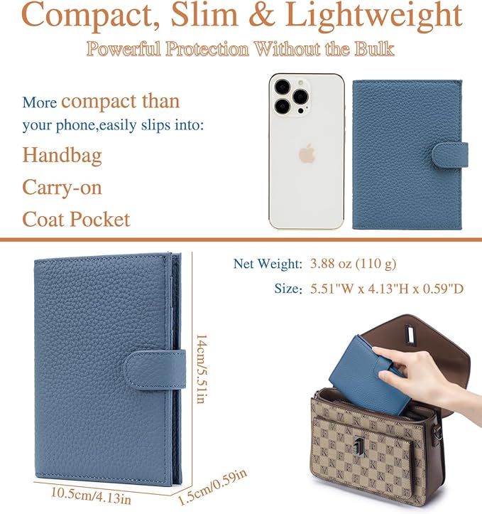 Leather Passport Holder for Travel Women – RFID Blocking Travel Passport Wallet with 1 Passport Slot & 3 Card Slots, Coin Pocket, & SIM Slot – Slim Genuine Leather Travel Organizer Denim Blue