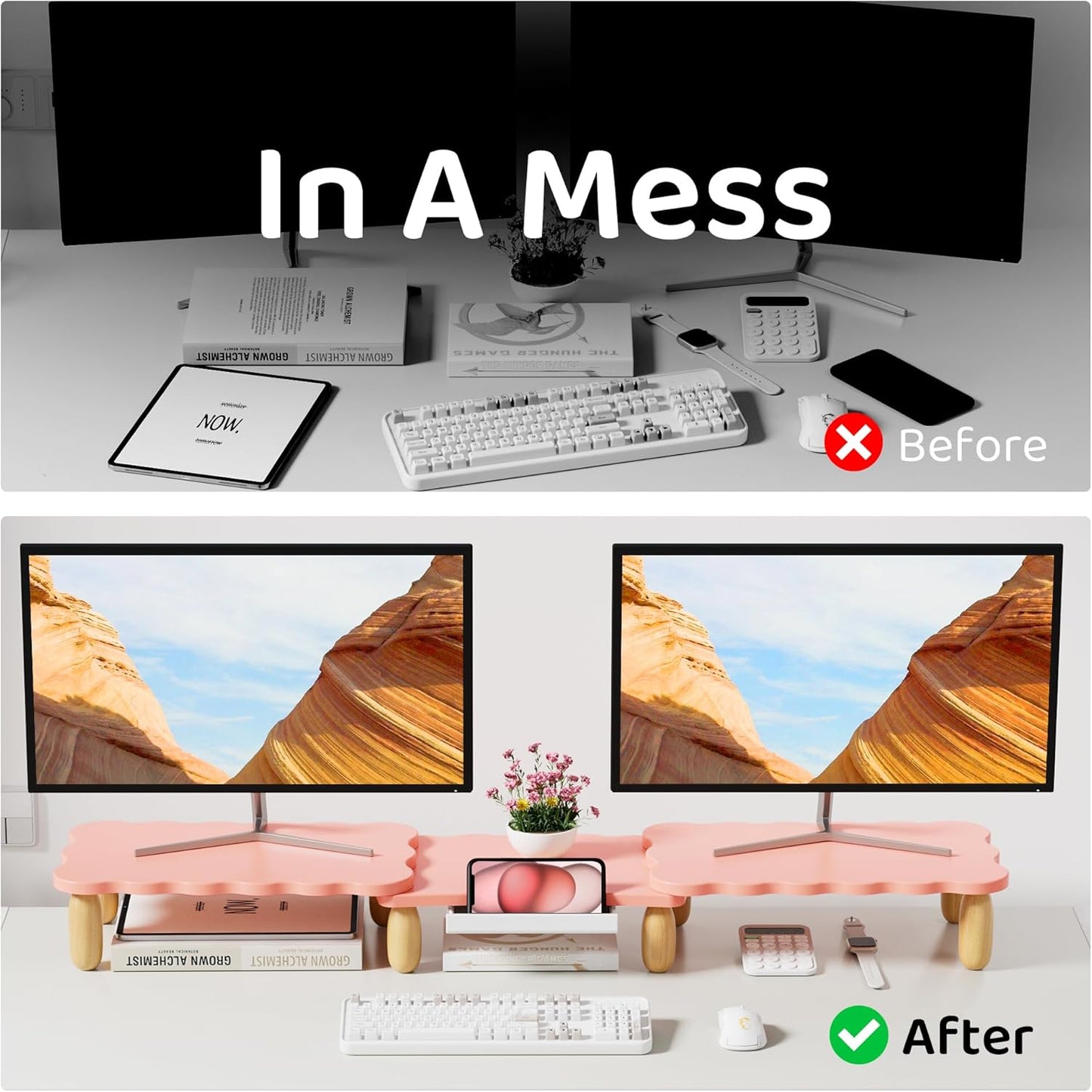 Dual Monitor Riser - Cookie-Shaped Adjustable Length & Swivel Angle, Wooden Desktop Organizer for 2 Monitors, Stand With Drawer for Laptop, PC, Computer, Printer, Pink