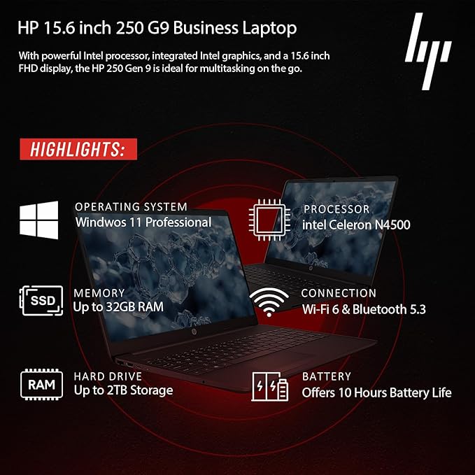HP New Business Laptop with Microsoft Office, Intel Powerful Processor, 15.6" FHD LED Display, 8GB RAM, 512GB SSD, Ethernet RJ-45, Ultra Quiet Design, Long Battery Life, Windows 11 Pro, WOWPC USB