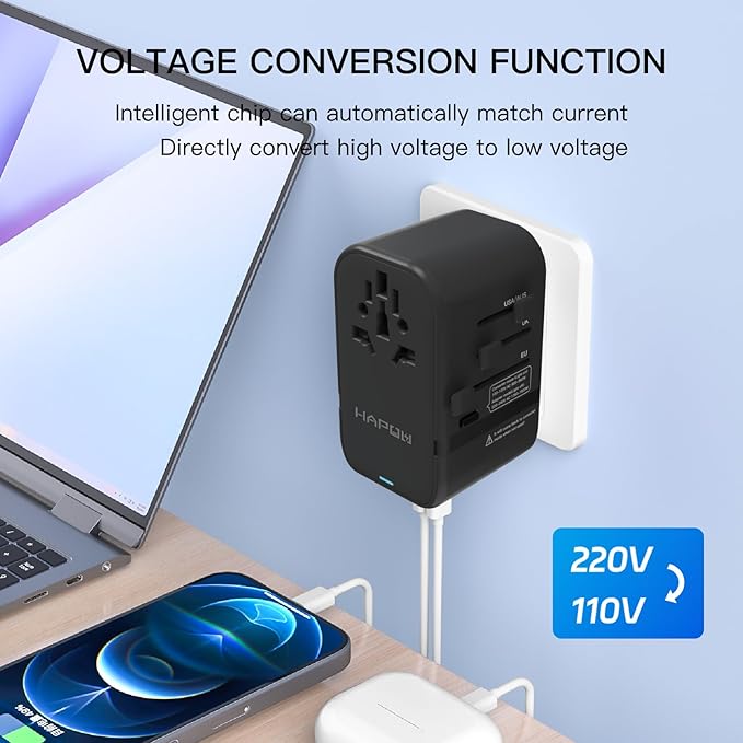 Voltage Converter Universal Travel Adapter, PD20W International Power Adapter,Fast Charging Travel Charger, All in One Worldwide Travel Plug Adapter, Outlet Adapter for EU UK USA AU, Black