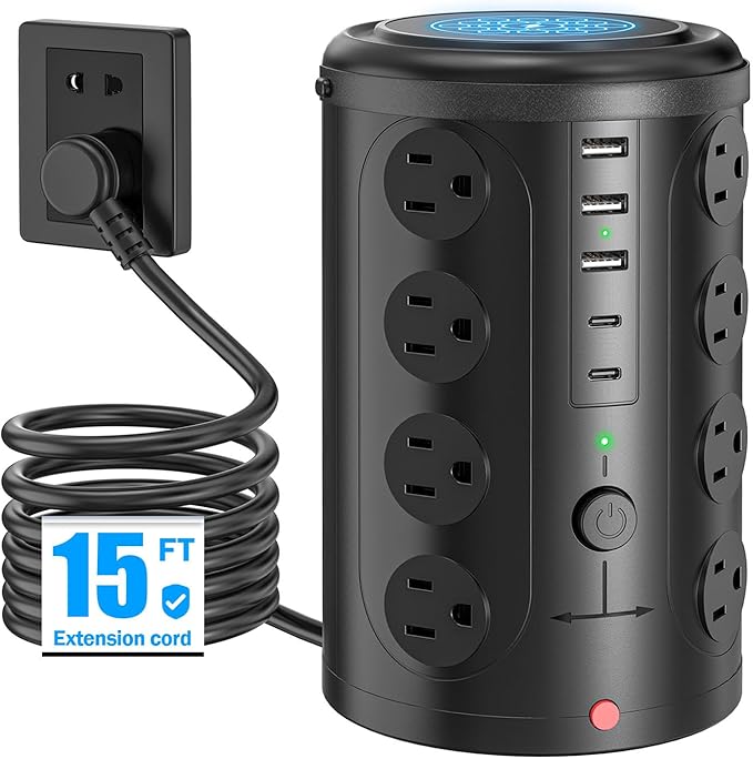Power Strip Tower Surge Protector with 16 Outlets and 5 USB Ports (2 USB-C), 15FT Extension Cord with Multiple Outlets,Heavy Duty Charging Station,Home Office Dorm Room Essentials.
